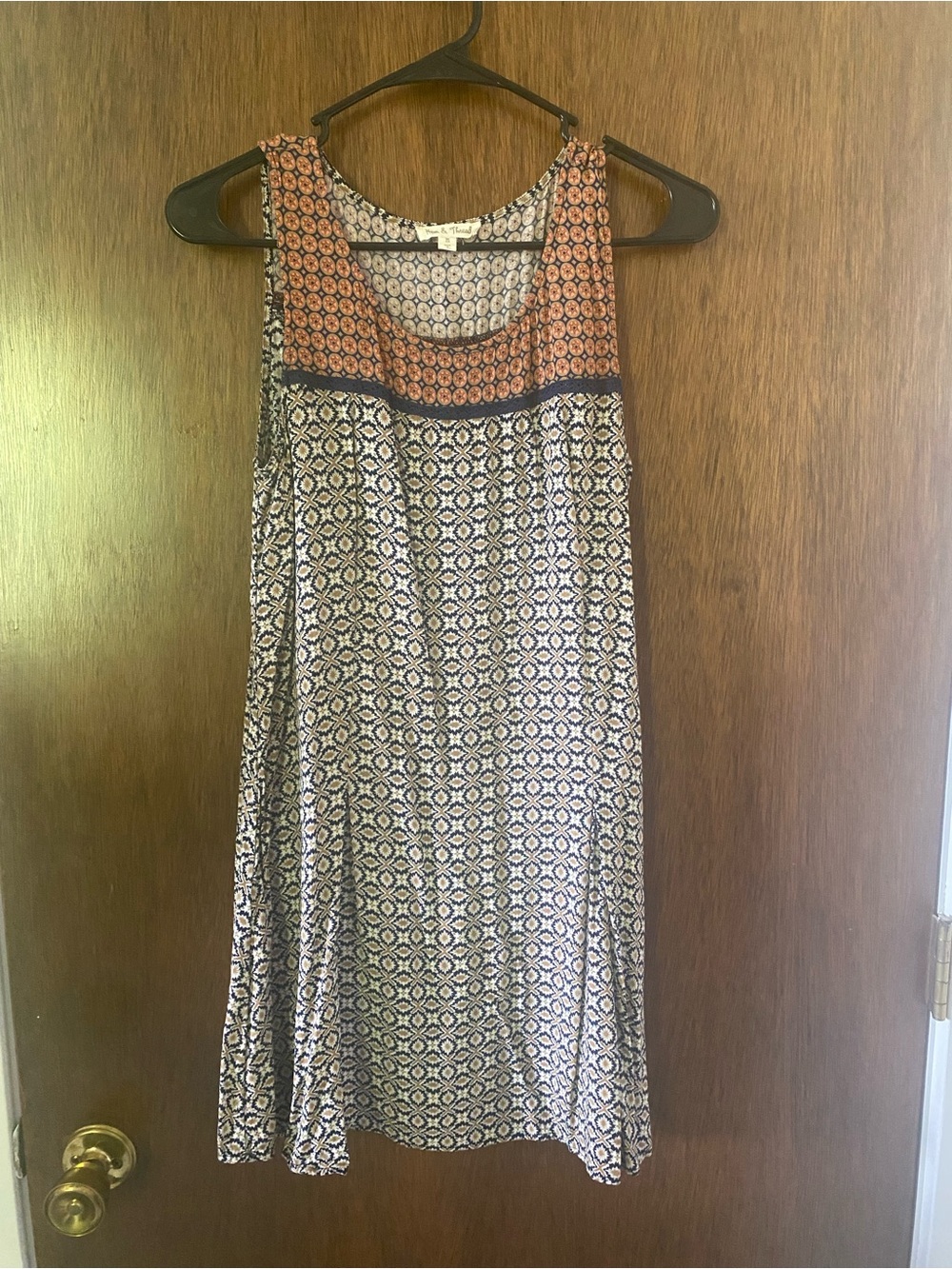 Hem & Thread Navy and Orange Sleeveless Patterned A-Line Dress